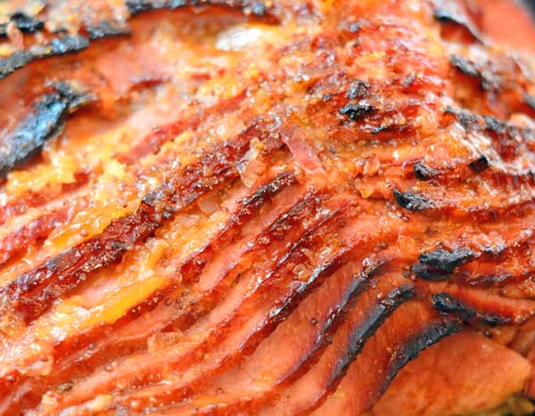 A close-up of Peach Glazed Ham