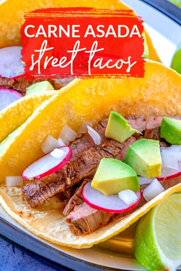 Carne Asada Street Tacos, or tacos de carne asada, is the best way to eat skirt steak! It’s made by beautifully searing steak, slicing it thin and served on top of warmed corn tortillas with diced white onion, avocado, radishes, and lime wedges. via @foodfolksandfun