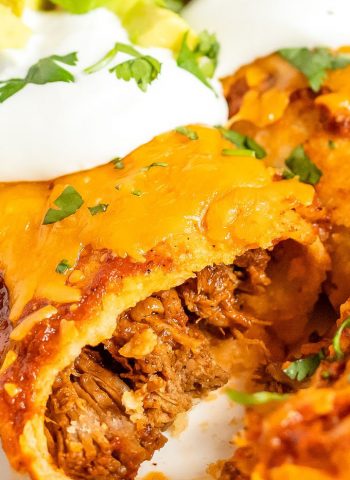 A close up picture of a shredded beef enchilada.
