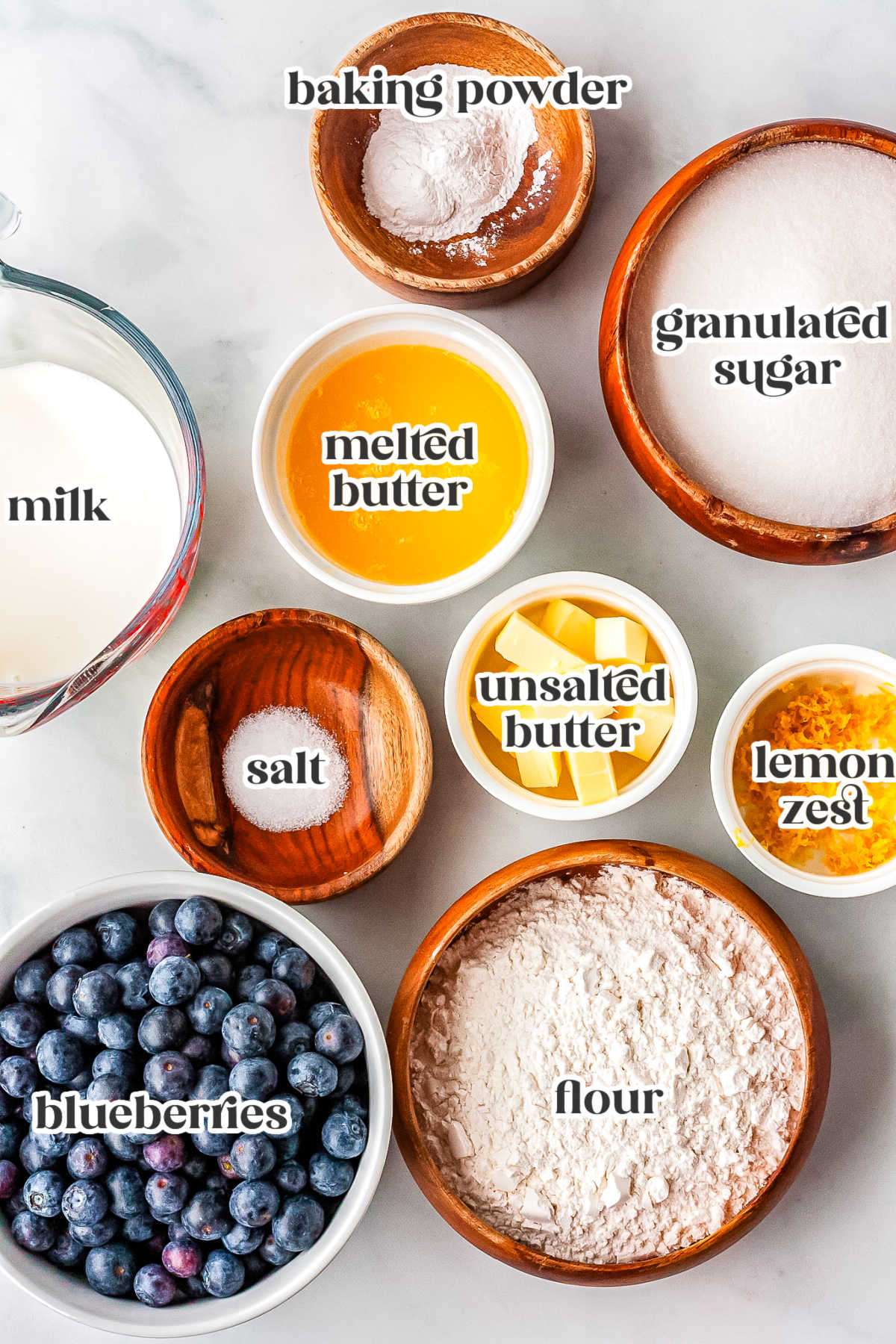 The lemon blueberry cobbler recipe ingredients with text overlay labeling each.