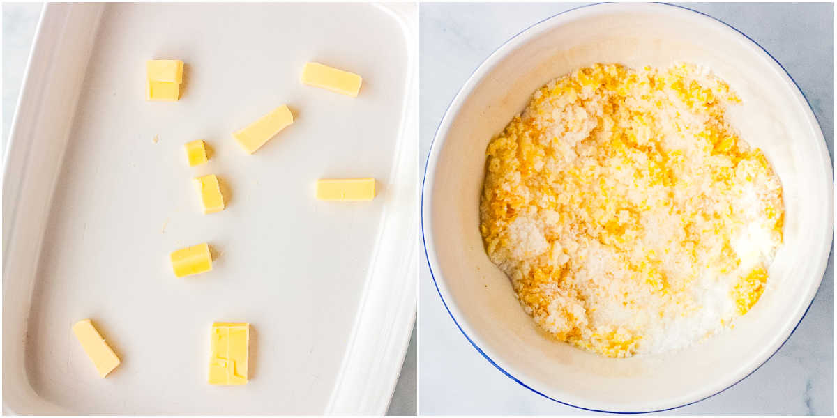 Butter pieces adde to a pan and then melted and the lemon sugar mixture in a bowl.