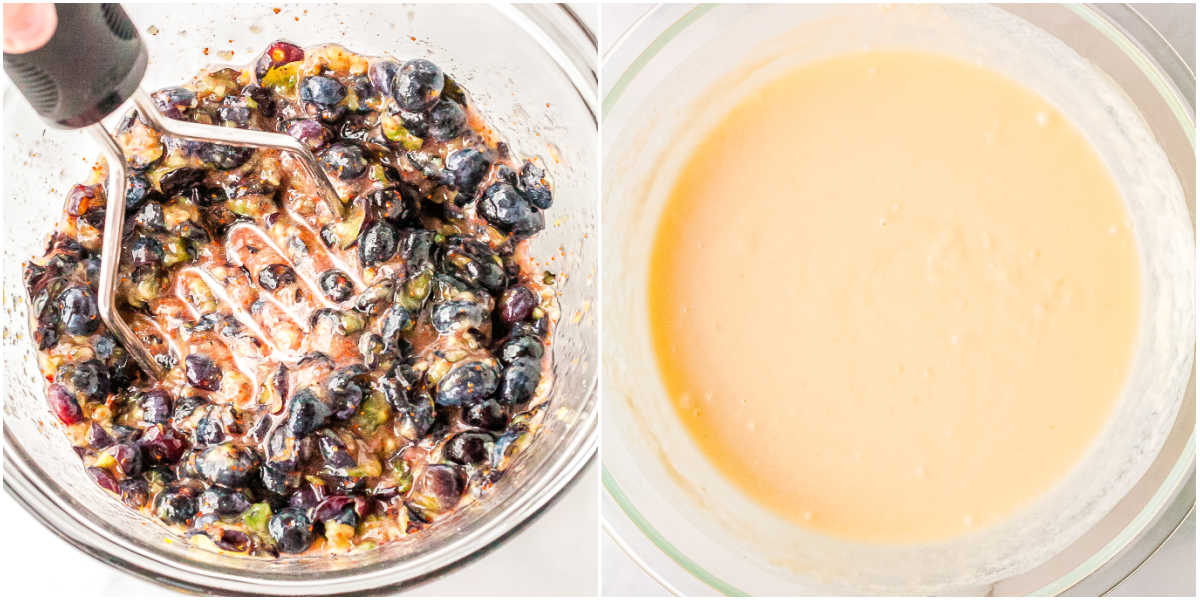 The blueberries and lemon sugar mashed together in a bowl.
