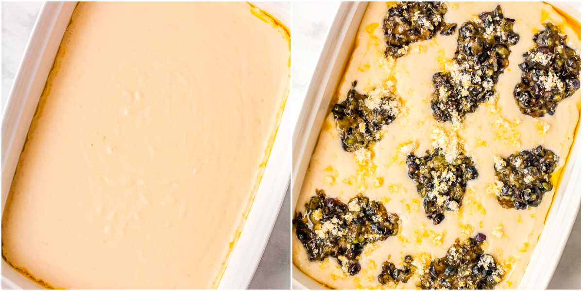 The cobbler batter in a butterd pan and the blueberry mixture aded to the top.