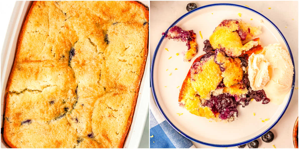 The finished cobbler in a 9 by 13-inch pan and then a scoop on a white plate with some ice cream.