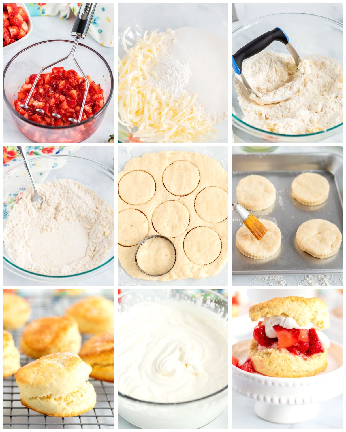 A picture collage showing how to make strawberry shortcake. 
