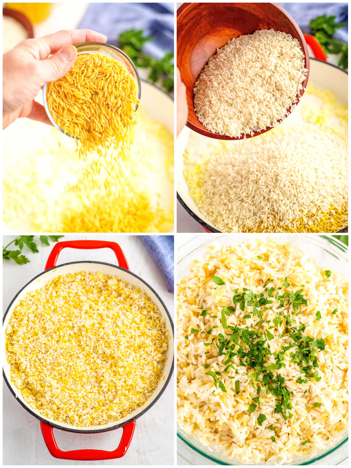 A picture collage showing how to make this Rice Pilaf With Orzo recipe.