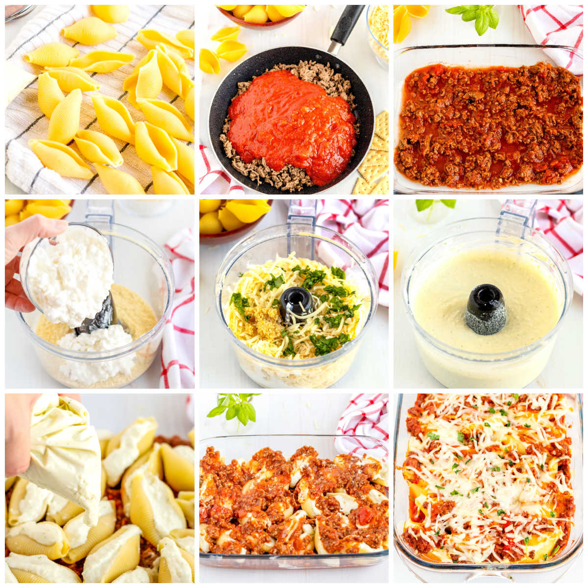 A picture collage of how to amen Stuffed Shells Without Ricotta.