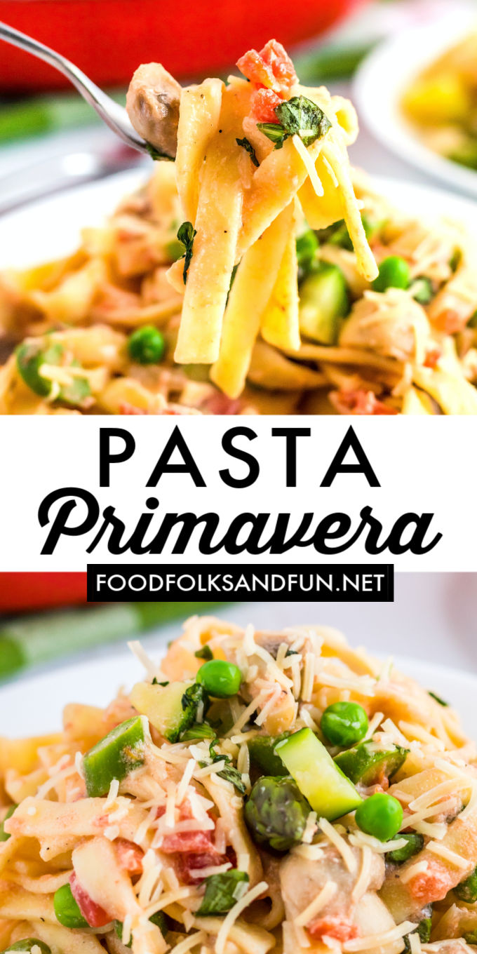 This Easy Pasta Primavera recipe is a quick weeknight dinner full of flavor and in-season veggies like asparagus, zucchini, peas, mushrooms, and tomatoes. The creamy sauce is perfectly seasoned with aromatics, fresh herbs, and Parmesan Cheese. Are you hungry yet?! via @foodfolksandfun