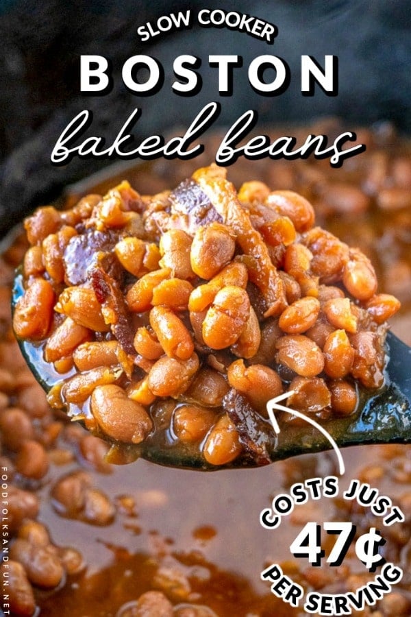 The finished Slow Cooker Boston Baked Beans recipe with text overlay for Pinterest. 