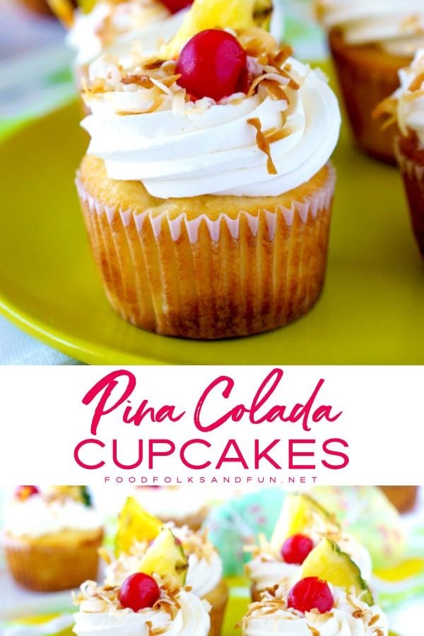 Picture collage of pina colada cupcakes on a plate.