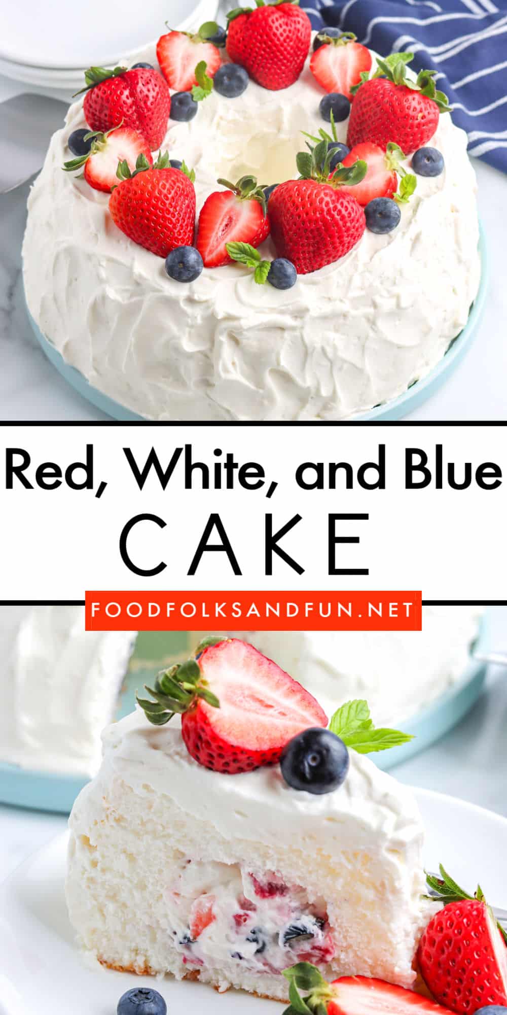 This Red, White, and Blue cake is a quick and easy 4th of July cake idea, Memorial Day, or Labor Day dessert! It’s filled with fresh whipped cream, strawberries, and blueberries. 
 via @foodfolksandfun