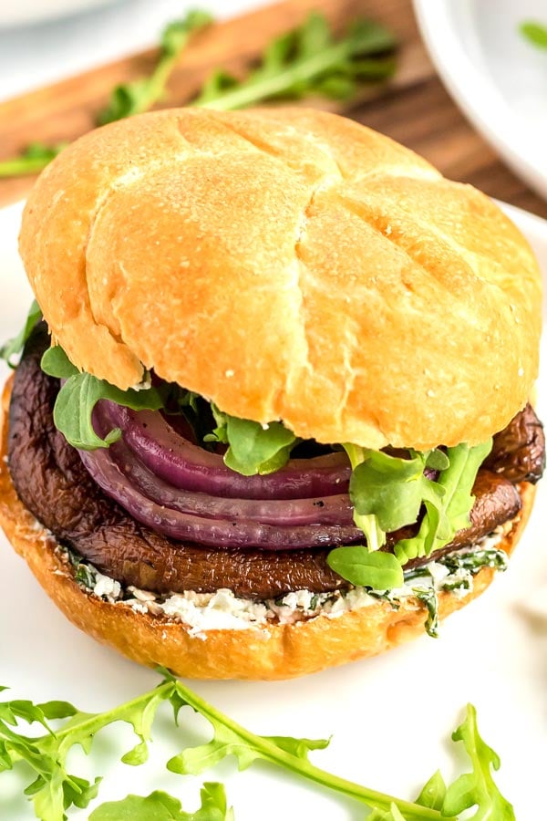 Grilled Portobello Mushrooms on a kaiser roll with a goat cheese and basil mixture. 