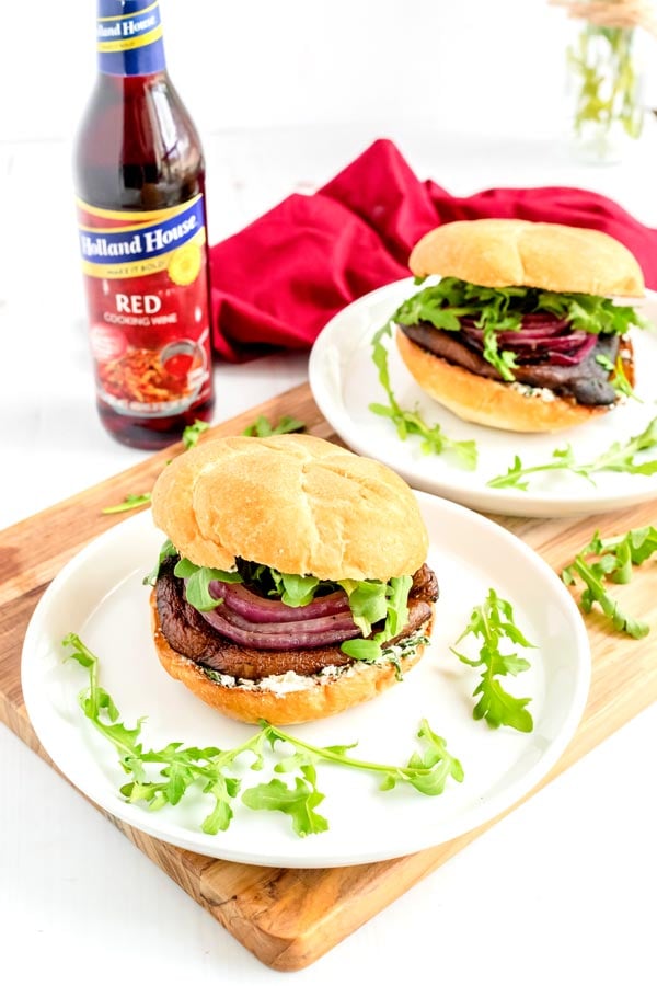 Portobello Mushroom Burgers with grilled red onions, arugula, goat cheese, and basil. 