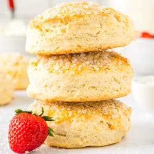 A close up picture of three Shortcake Biscuits stacked on top of each other.