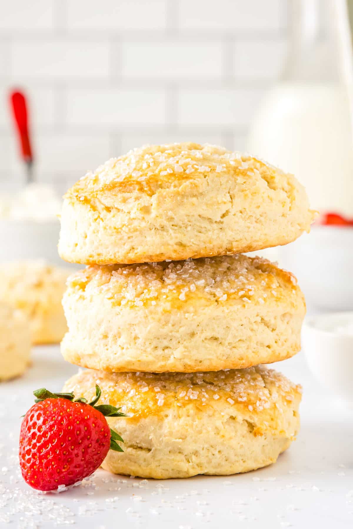 Three Shortcake Biscuits stacked on top of each other. 