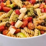 A close up picture of the finished Tri Color Pasta Salad.