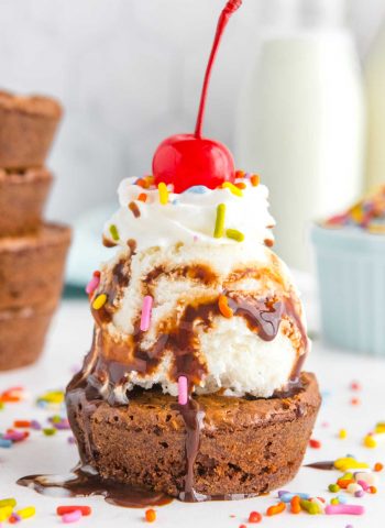 The finished brownie ice cream sundae cupcakes recipe.