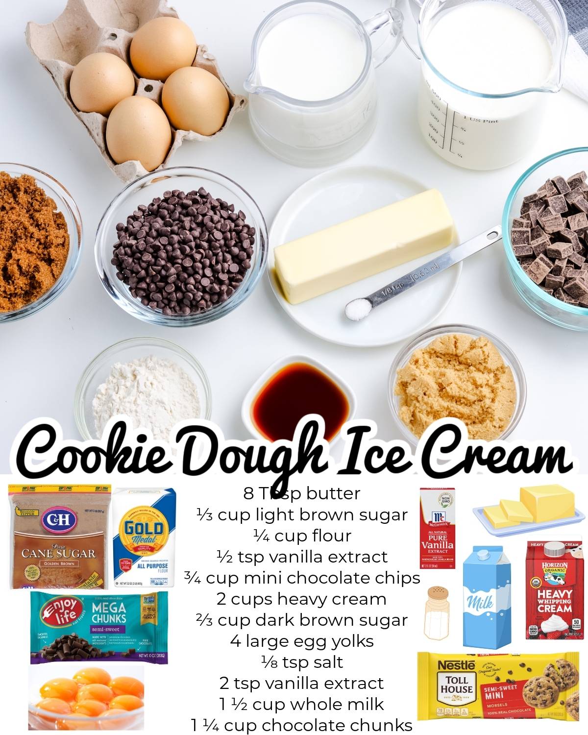 All of the ingredients needed to make this Cookie Dough Ice Cream recipe.