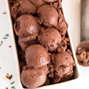 The finished Chocolate Ice Cream recipe with text overlay for Pinterest.