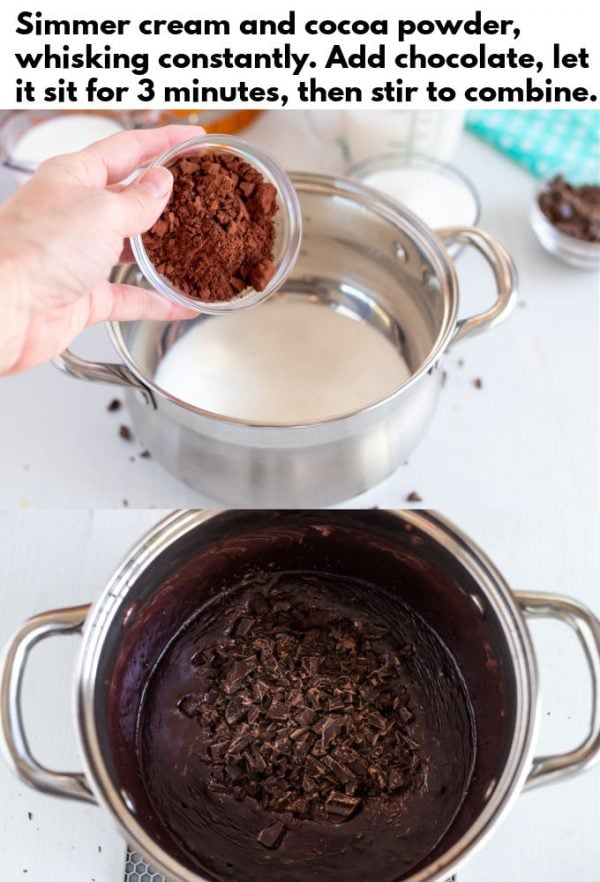 Stir cocoa powder and chocolate into warm cream.