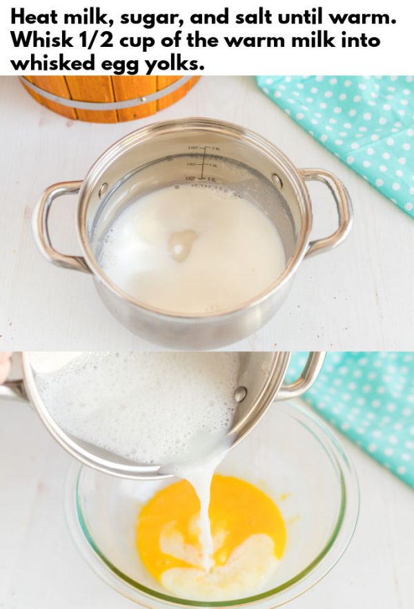 Warm milk being poured into egg yolks to temper the mixture.