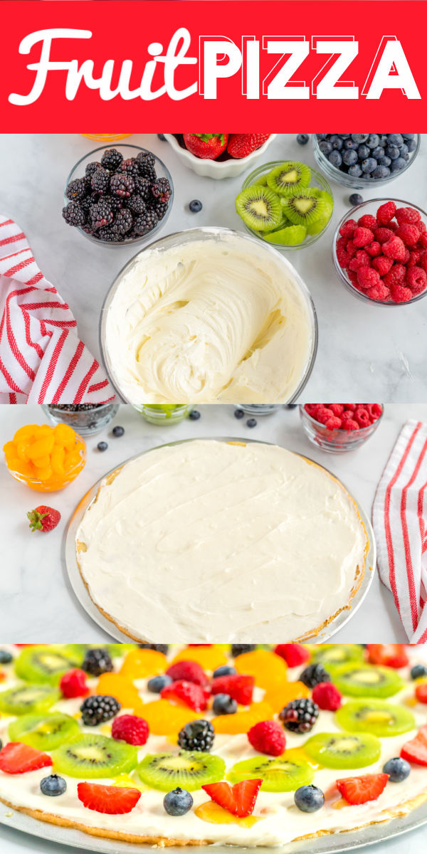 This Fruit Pizza recipe is a summertime classic that everyone loves. It has a sugar cookie crust, cream cheese-marshmallow frosting, loads of fruit, and a citrus glaze.  via @foodfolksandfun