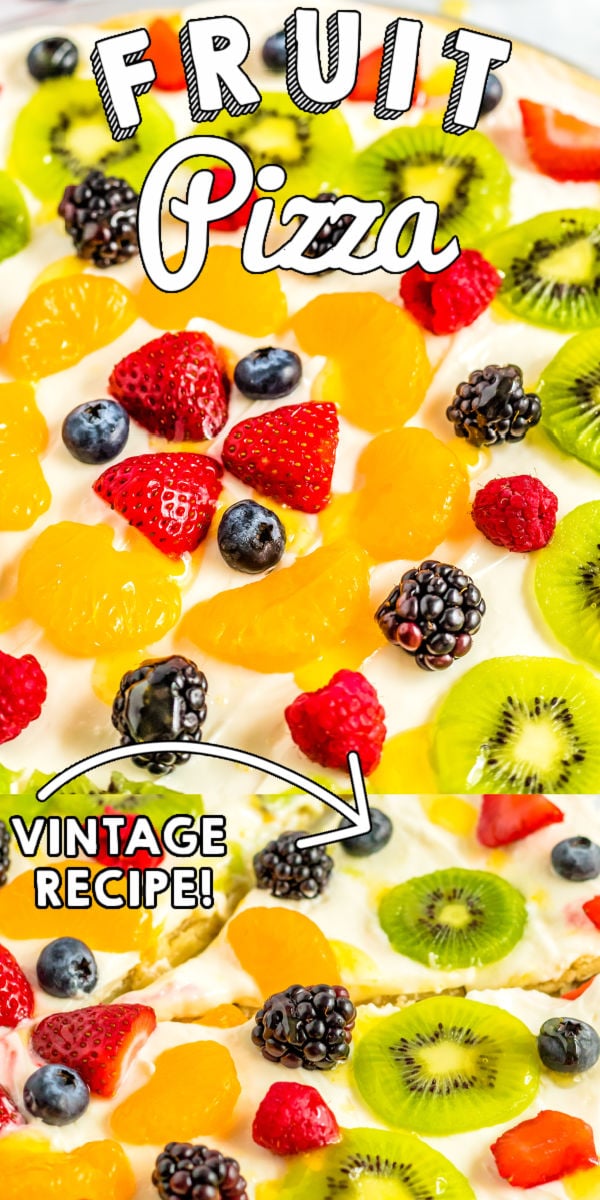 This Fruit Pizza recipe is a summertime classic that everyone loves. It has a sugar cookie crust, cream cheese-marshmallow frosting, loads of fruit, and a citrus glaze.  via @foodfolksandfun