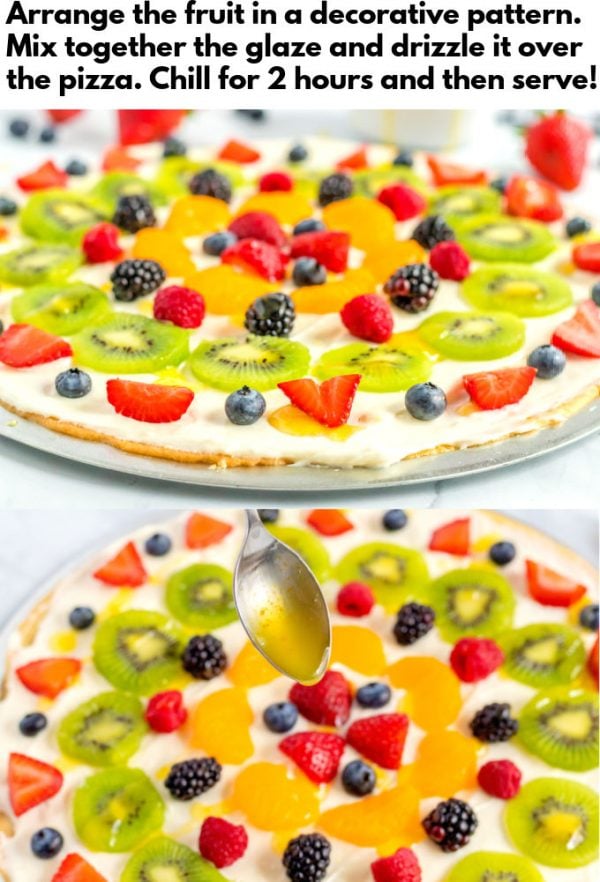 The citrus glaze being drizzled over the fruit pizza.