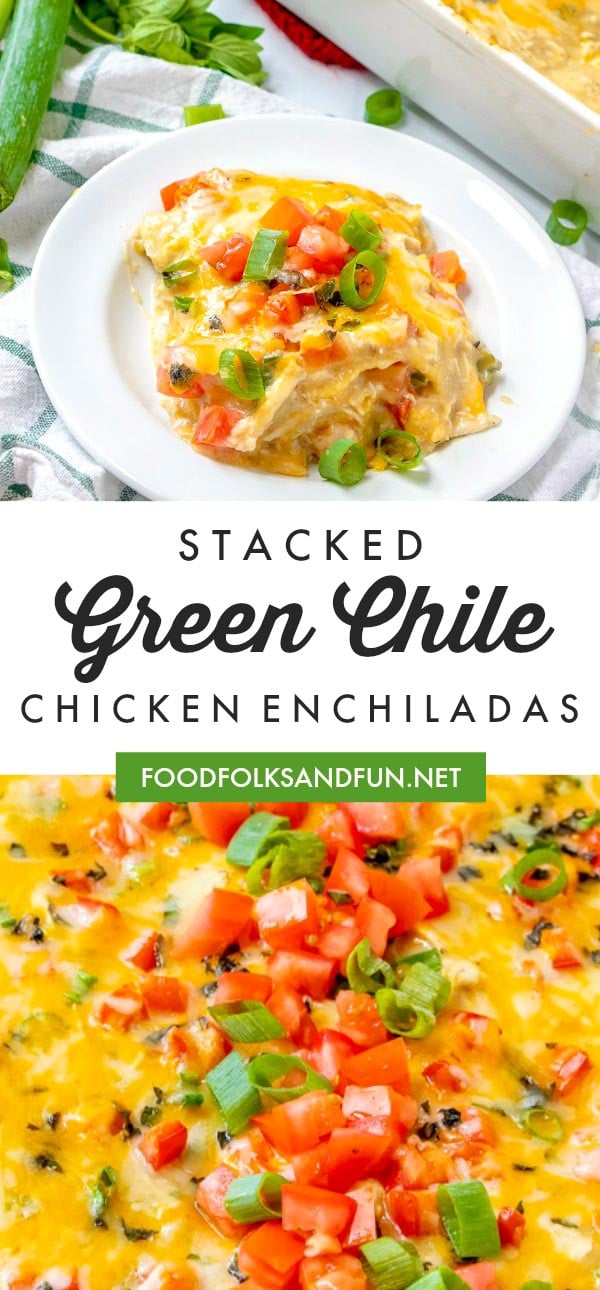 This easy New Mexico-style enchiladas recipe stacks the tortillas like a casserole instead of rolling them. Stacking makes them so much easier to make! This is my favorite Green Chile Chicken Enchiladas recipe out there, and everyone who tastes them agrees! #greenchile #enchiladas #dinner #recipe #NewMexicanFood #NewMexico via @foodfolksandfun