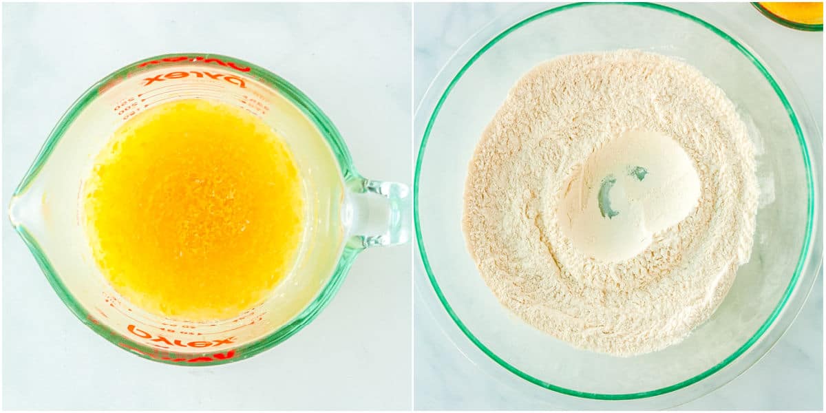 A picture collage of the wet and dry ingredients of the dough in bowl.