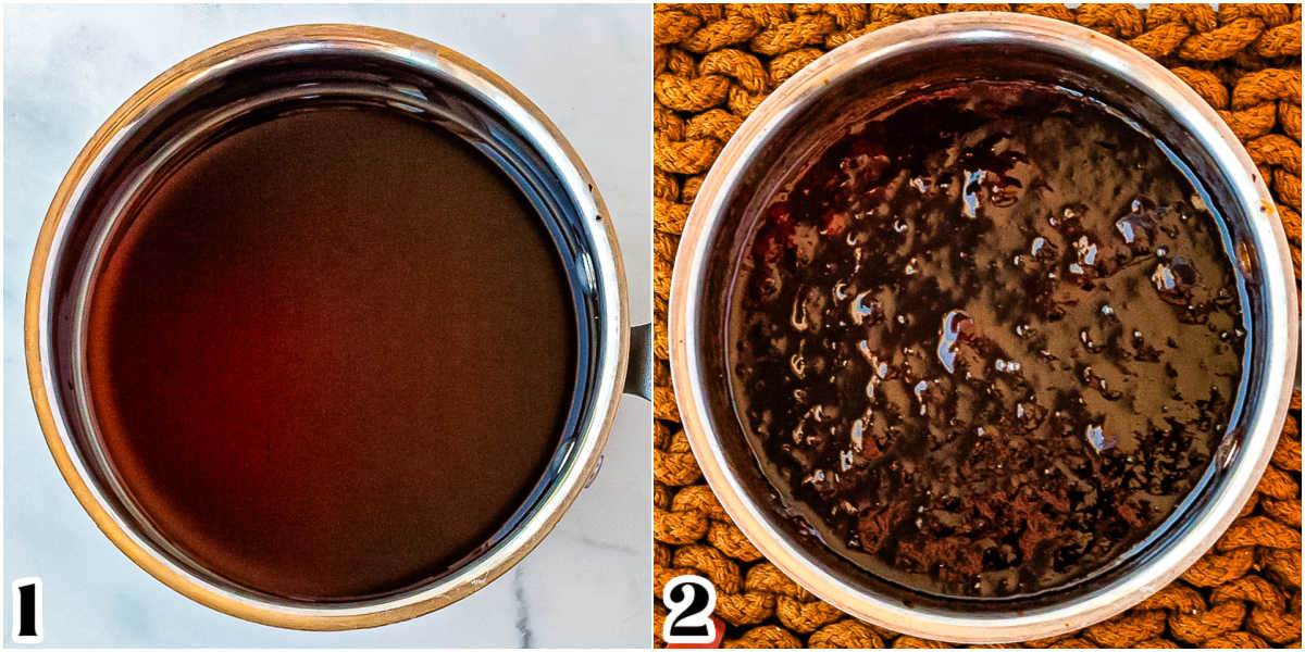 The balsamic reduced in a saucepan and strawberry jam aded to it.