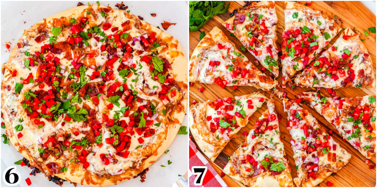 The cooked pizza cut into slices.