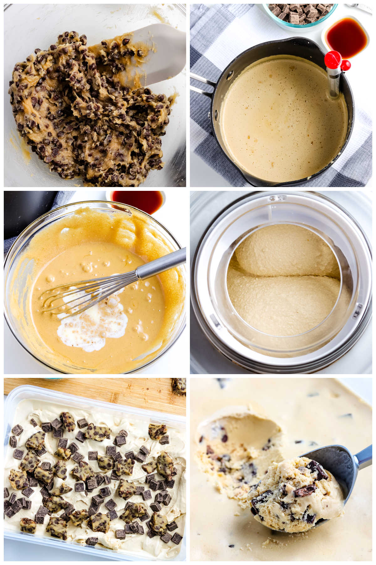A picture collage of how to make homemade Cookie Dough Ice Cream.