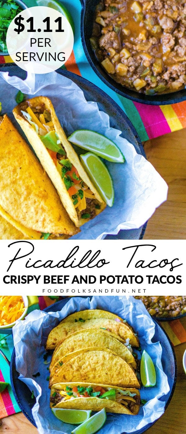 This Picadillo Tacos recipe (Tacos de Picadillo) makes crispy ground beef and potato tacos that are so easy to make. This recipe serves 10 and costs $11.14 to make. That's just $1.11 per serving!  via @foodfolksandfun