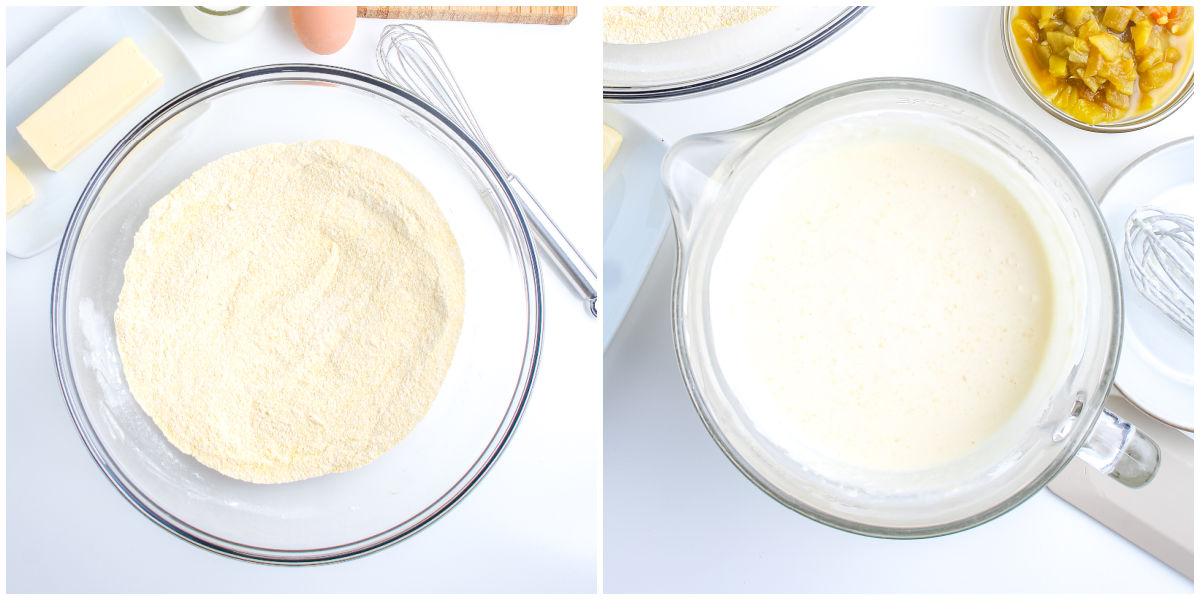 Two step collage showing dry ingredients mixed in a bowl and wet ingredients whisked together for green chile cornbread batter.