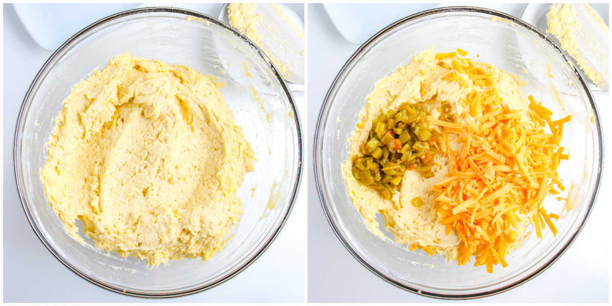 Step by step collage showing cornbread batter mixed in a bowl and cheddar cheese with diced green chiles added to the batter.
