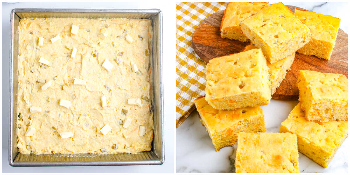 Process collage showing green chile cornbread batter spread in a baking pan and the finished cornbread cut into squares.