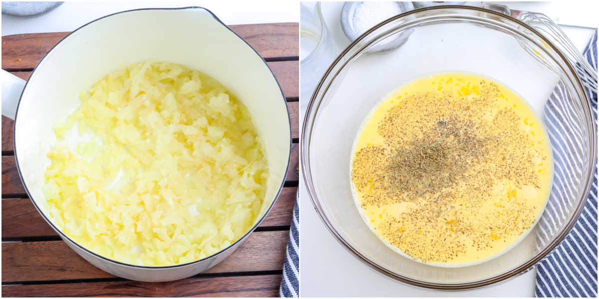 The cooked onion and garlic and the custard mixture mixed in a bolw.