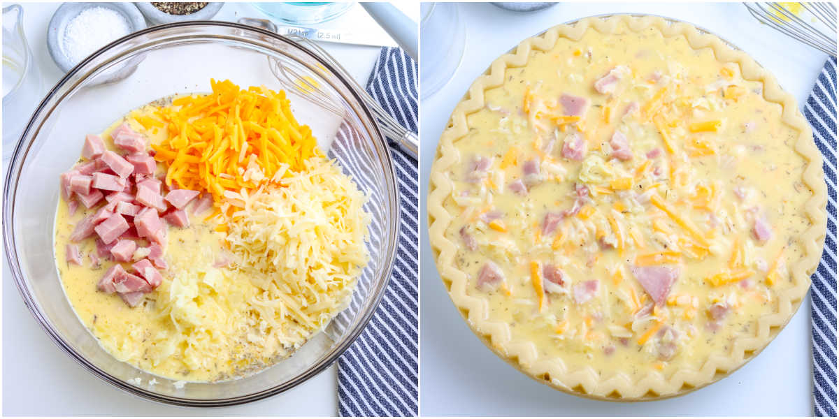 The filling mixed together in a bowl and the filling in the pie crust before baking.