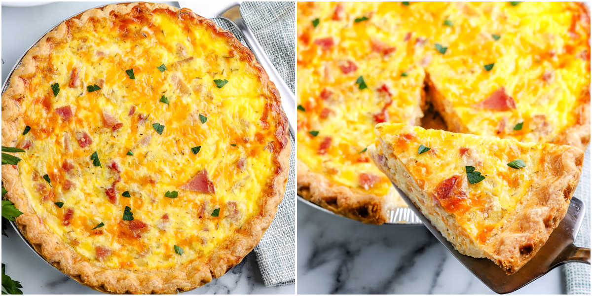 The finished quiche cooling on a wire rack and then a slice being pulled from it.