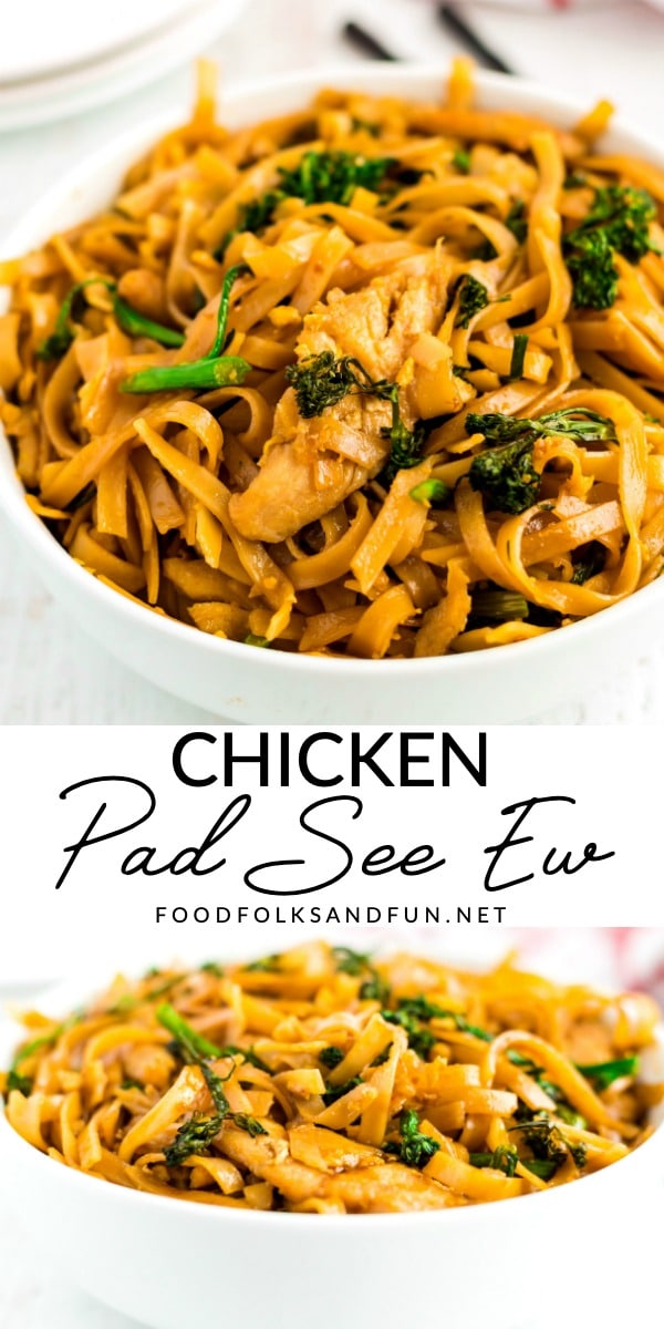 Pad See Ew is Thai rice noodles with chicken, Chinese broccoli, and basil. This homemade pad see ew recipe rivals your favorite Thai restaurant! via @foodfolksandfun