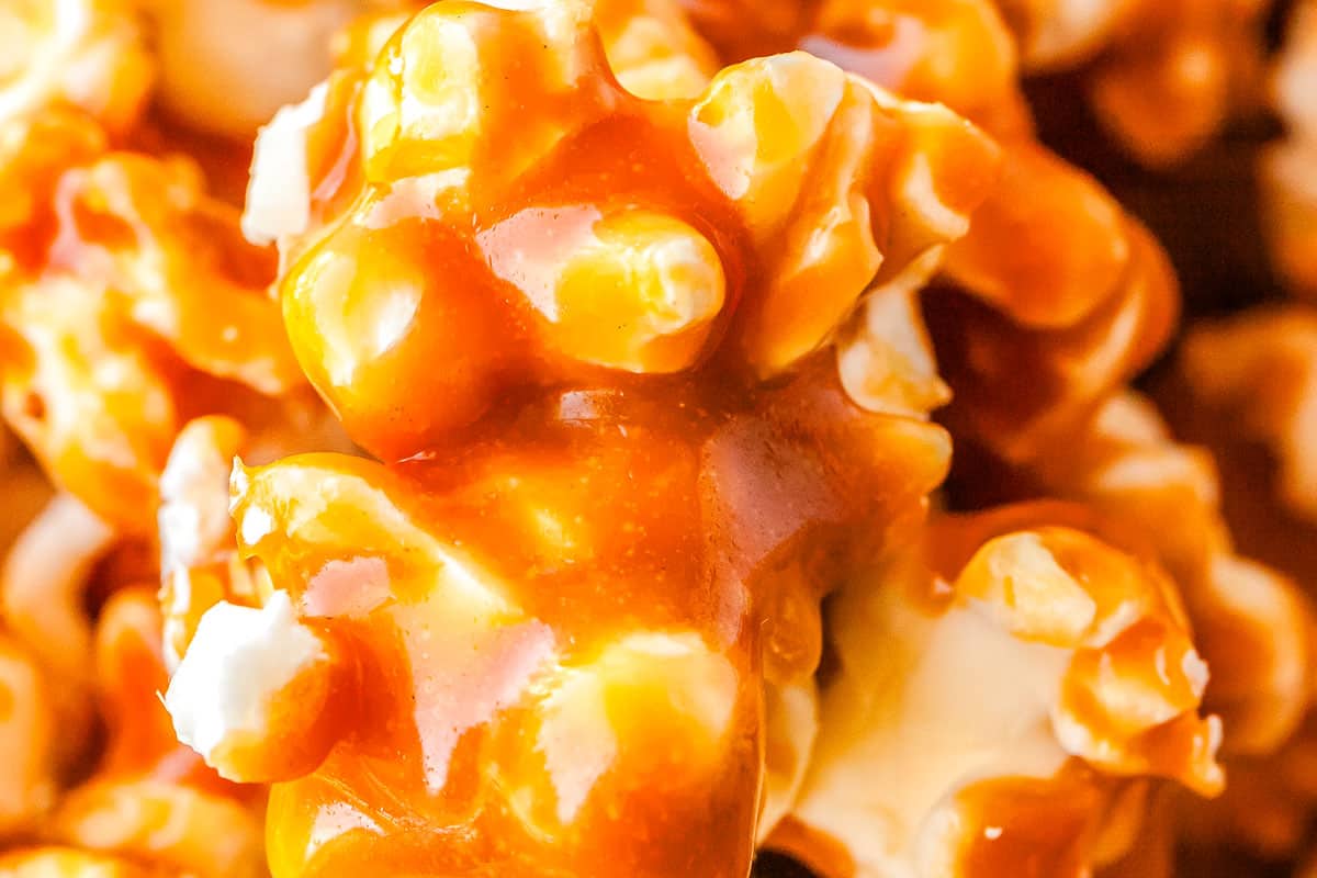 A popcorn kernel covered with homemade caramel.