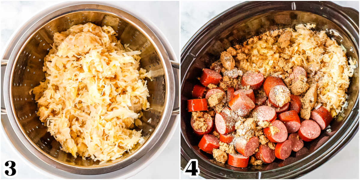 All of the ingredients in a slow cooker insert before and after cooking.