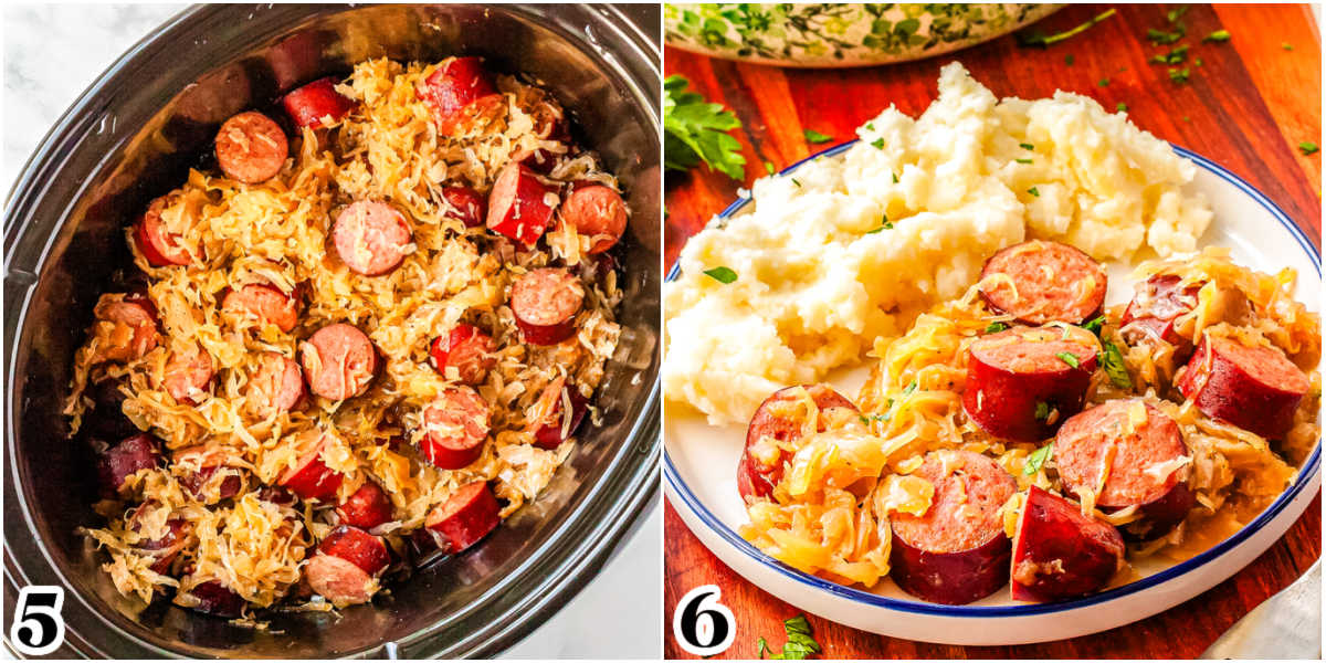 The finished sauerkraut and kielbasa in a crockpot and on a plate with mashed potatoes.