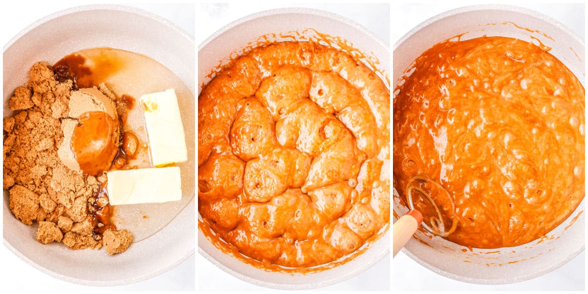 The caramel sauce bubbeling in a pot.