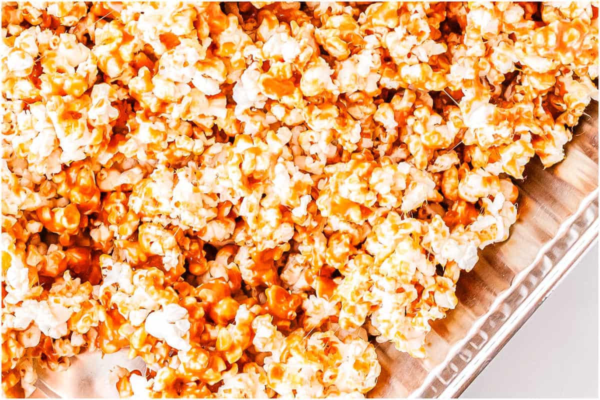 Caramel poured over the popcorn.