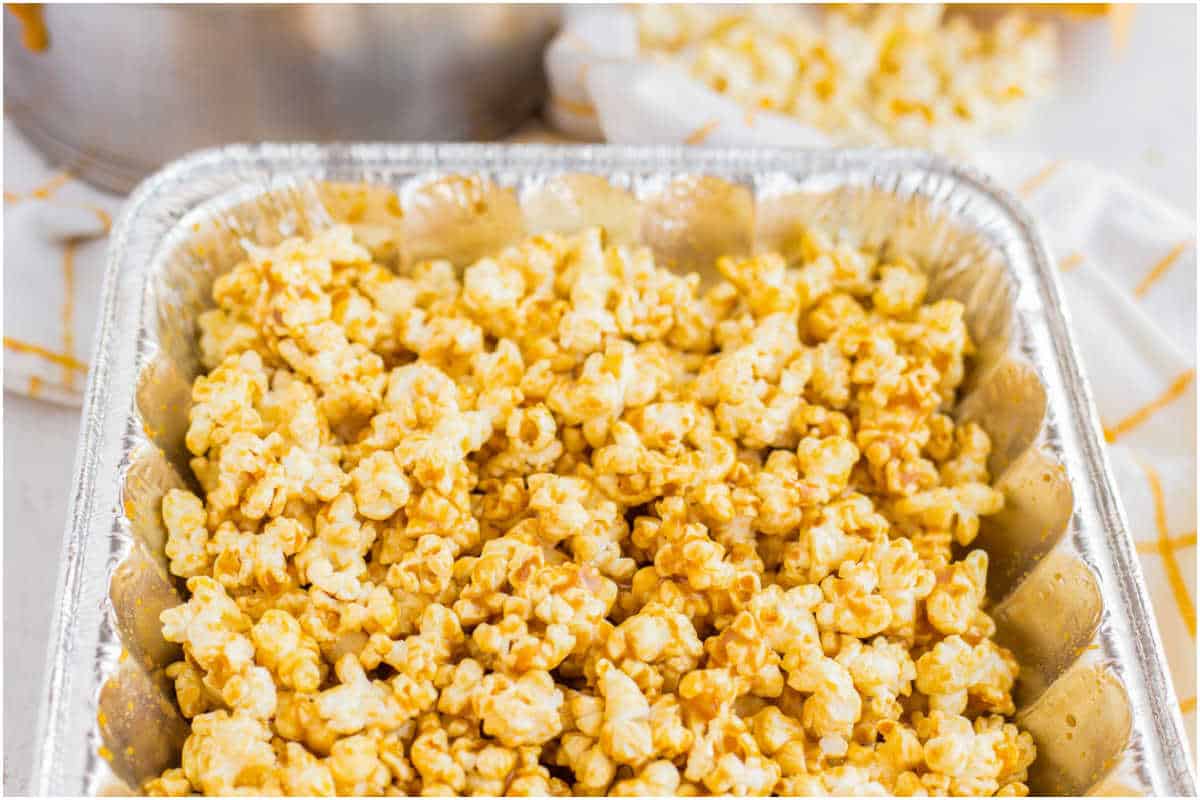 The caramel corn after it's been baking and stirred.
