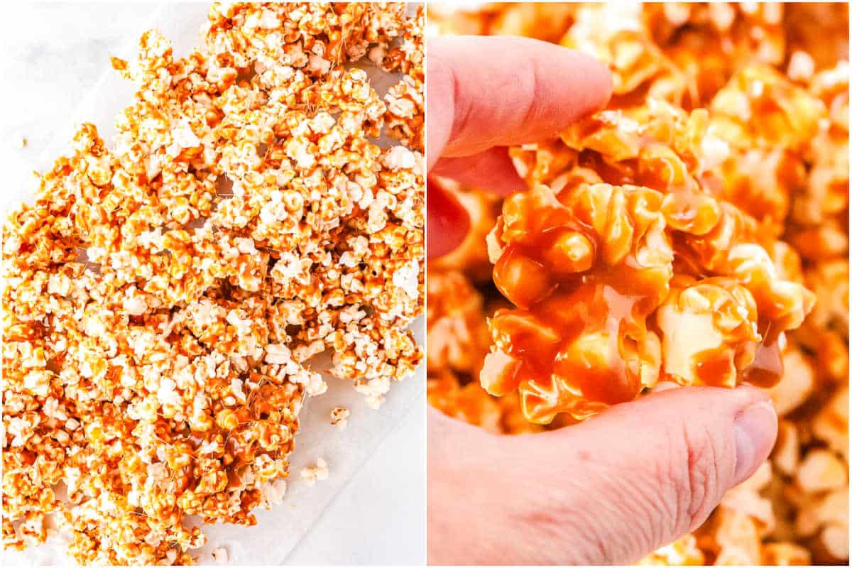 The caramel corn cooling on parchment paper.
