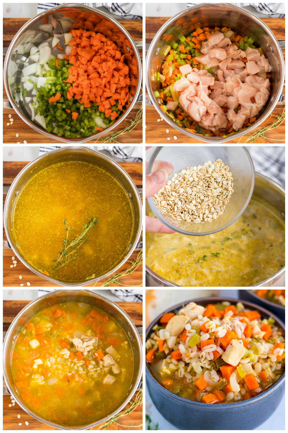 A picture collage of how to make Chicken Barley Soup.