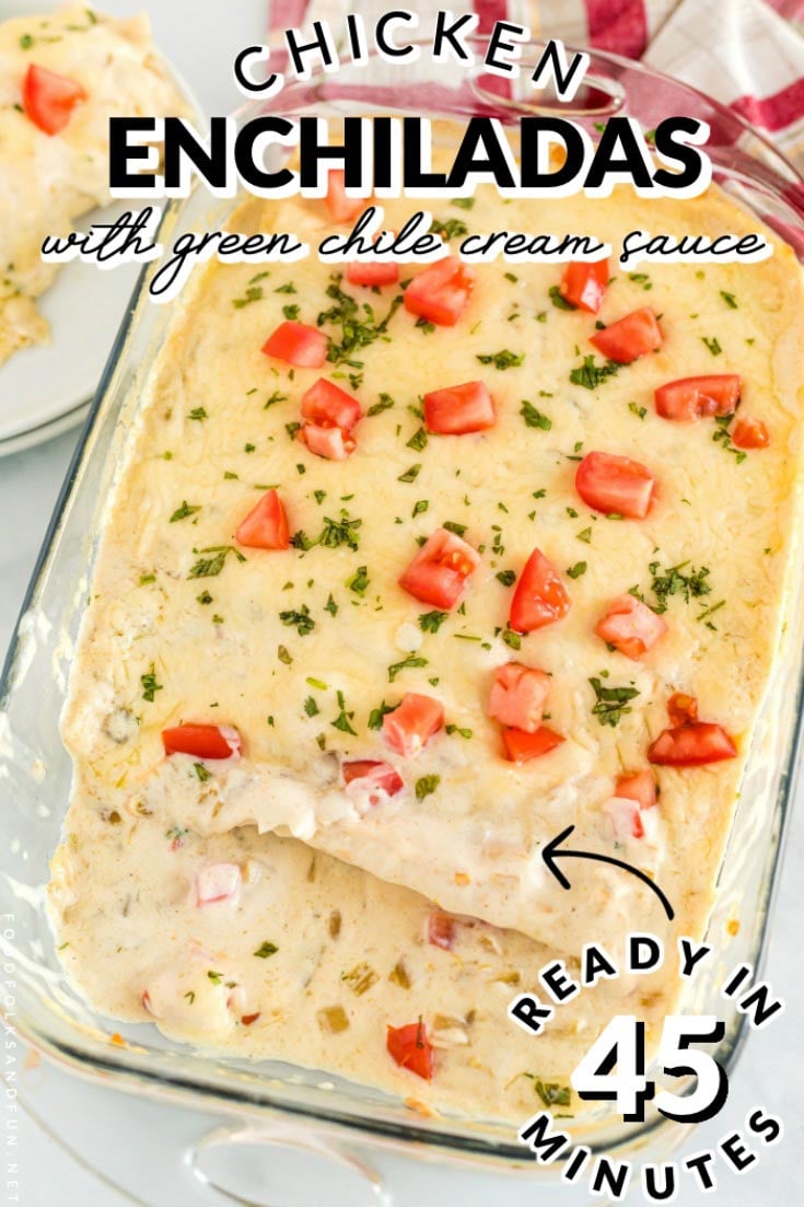 This creamy Chicken Enchilada recipe is some serious comfort food! The enchiladas are filled with chicken, cheese, corn, and green chiles and covered with a green chile cream sauce (made without canned soup!). This recipe serves 8 and costs $9.21 to make. That's just $1.15 per serving.  via @foodfolksandfun